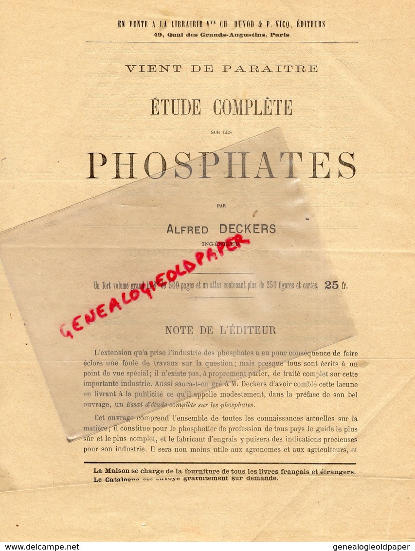 75- PARIS-RARE LETTRE ALFRED DECKERS-LIBRAIRIE VVE CH. DUNOD & P.VICQ-49 QUAI GRANDS AUGUSTINS-ETUDE COMPLETE PHOSPHATES - 1800 – 1899