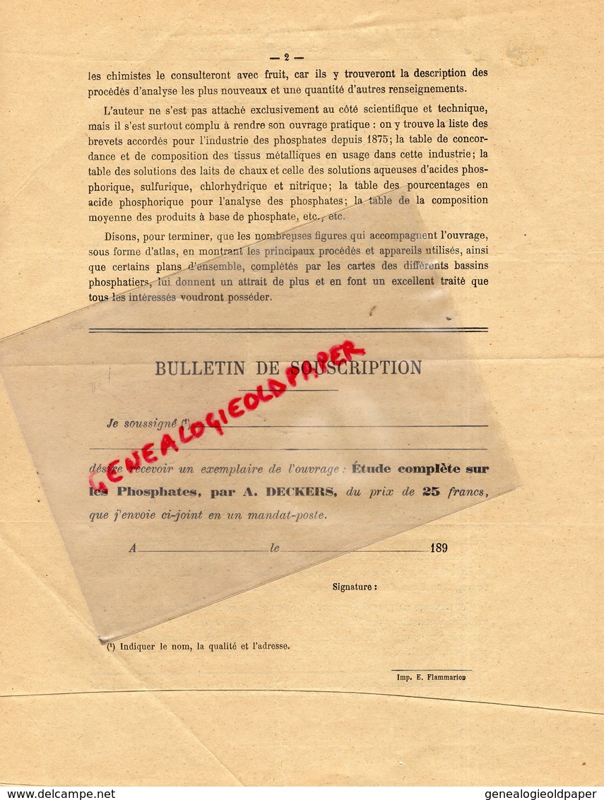 75- PARIS-RARE LETTRE ALFRED DECKERS-LIBRAIRIE VVE CH. DUNOD & P.VICQ-49 QUAI GRANDS AUGUSTINS-ETUDE COMPLETE PHOSPHATES - 1800 – 1899