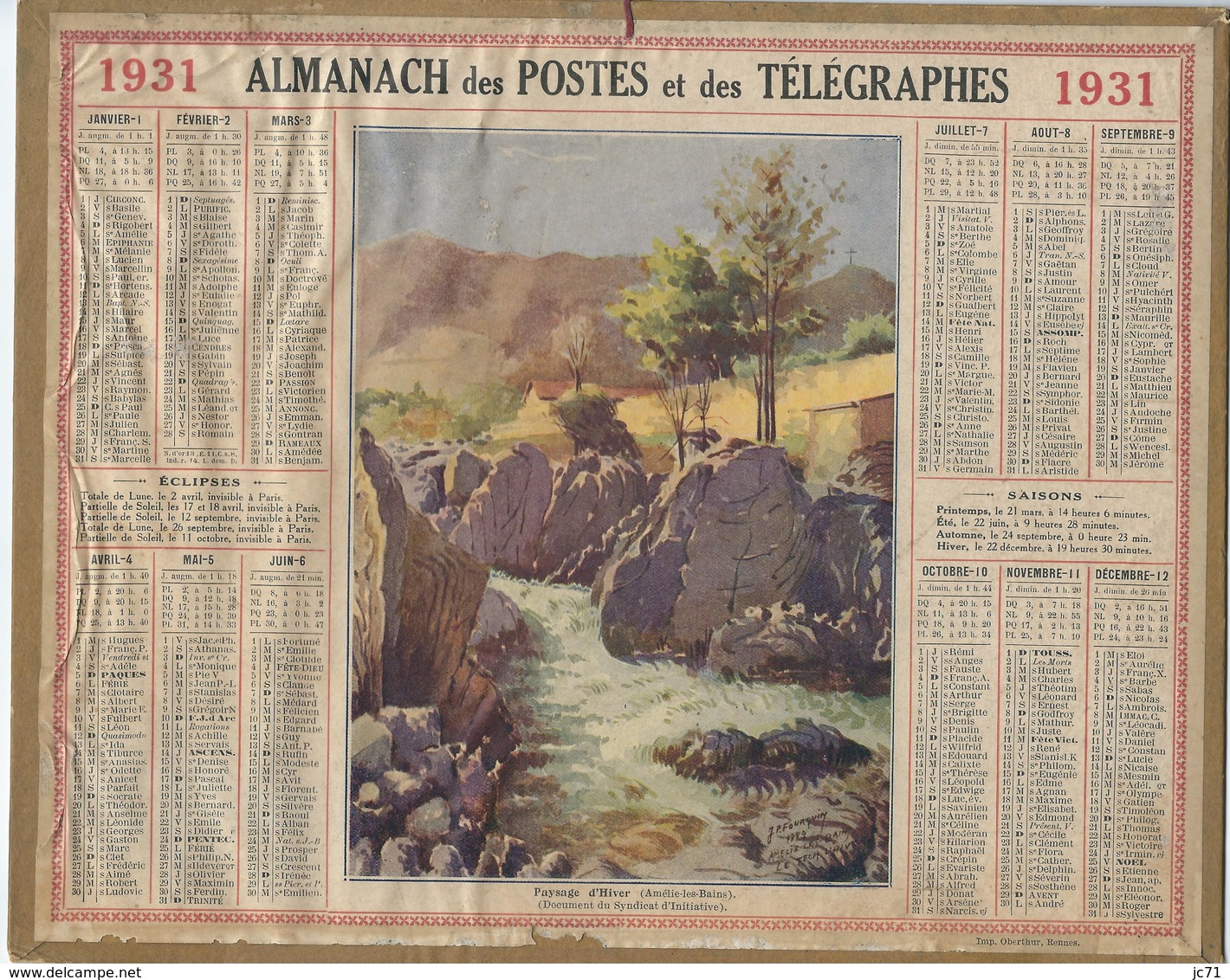 1931 Almanach Des Postes Et Des Télégraphes. Illustrations Amélie Les Bains. Saone Et Loire. Voir Verso. - Grand Format : 1921-40