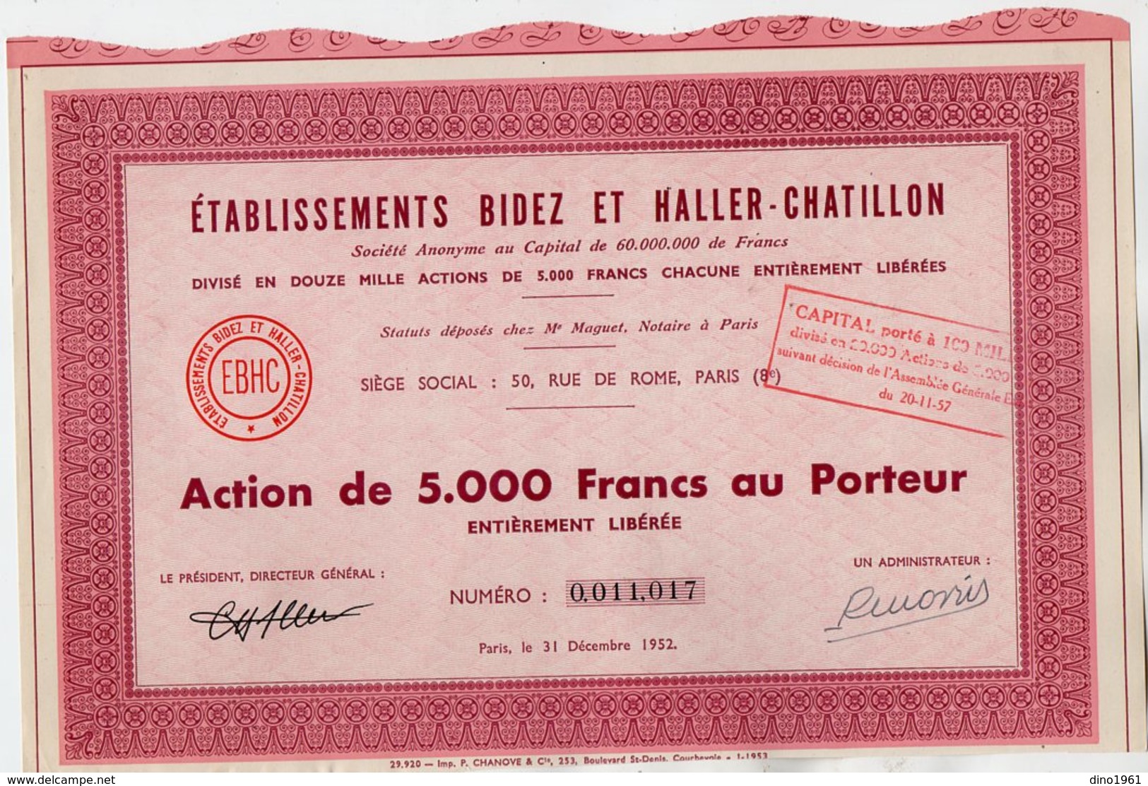 VP13.685 - PARIS 1952 - Action - Etablissements BIDEZ & HALLER - CHATILLON - Industrie