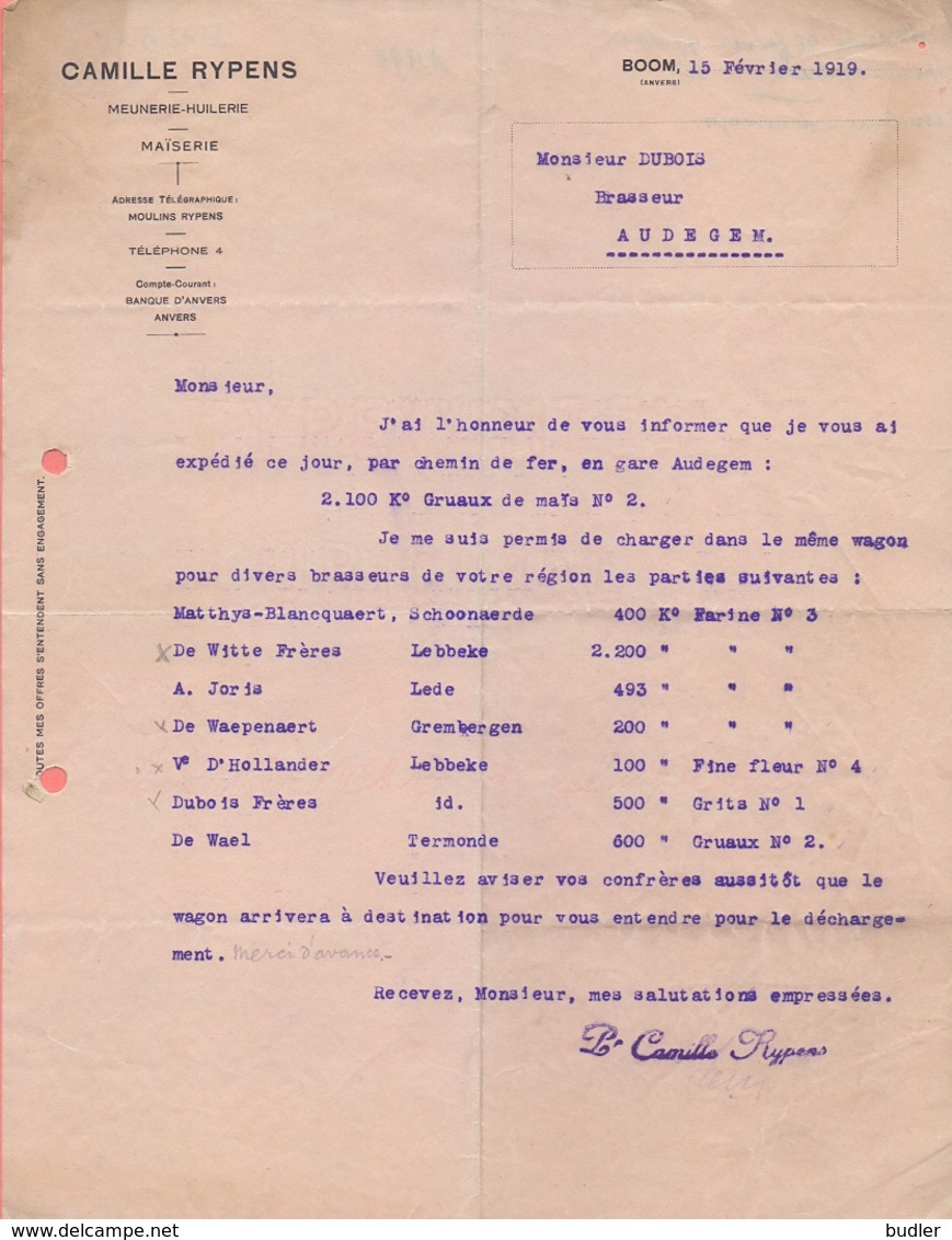 1919: Lettre De ## CAMILLE RYPENS, Meunerie – Huilerie - Maïserie, BOOM ##  à ## Mr. DUBOIS, Brasseur, AUDEGEM ## - Petits Métiers