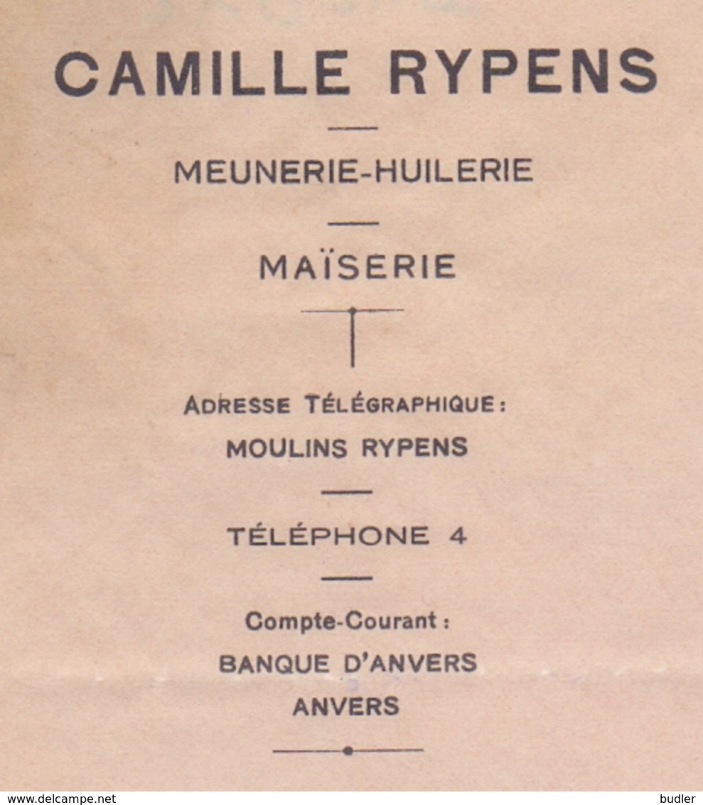 1919: Lettre De ## CAMILLE RYPENS, Meunerie – Huilerie - Maïserie, BOOM ##  à ## Mr. DUBOIS, Brasseur, AUDEGEM ## - Petits Métiers