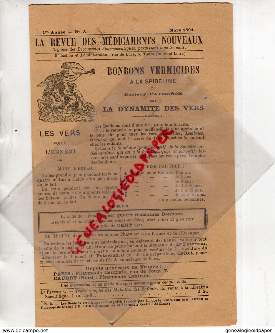 37- TOURS- RARE LA REVUE MEDICAMENTS NOUVEAUX-1894 N° 3-BONBONS VERMICIDES SPIGELINE-DYNAMITE DES VERS-MEDECINE MEDECIN - 1800 – 1899