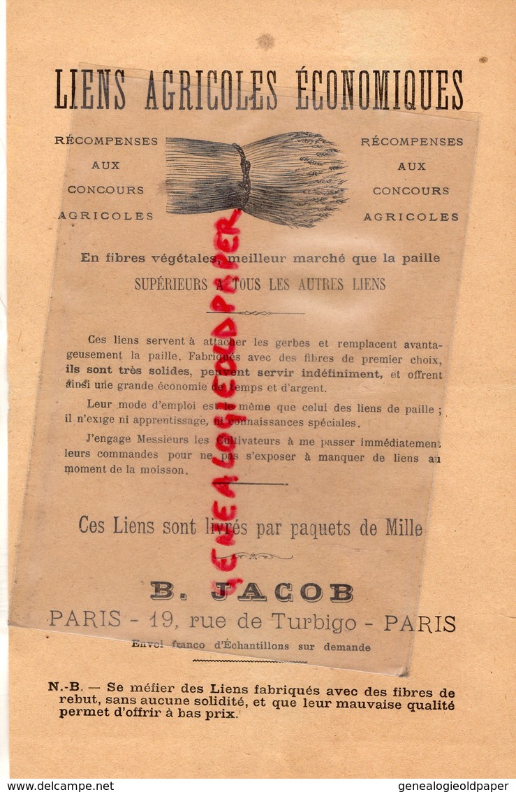 75- PARIS -RARE LETTRE B. JACOB-19 RUE TURBIGO-LIENS AGRICOLES FIBRES VEGETALES- AGRICULTURE 1895 - Landwirtschaft