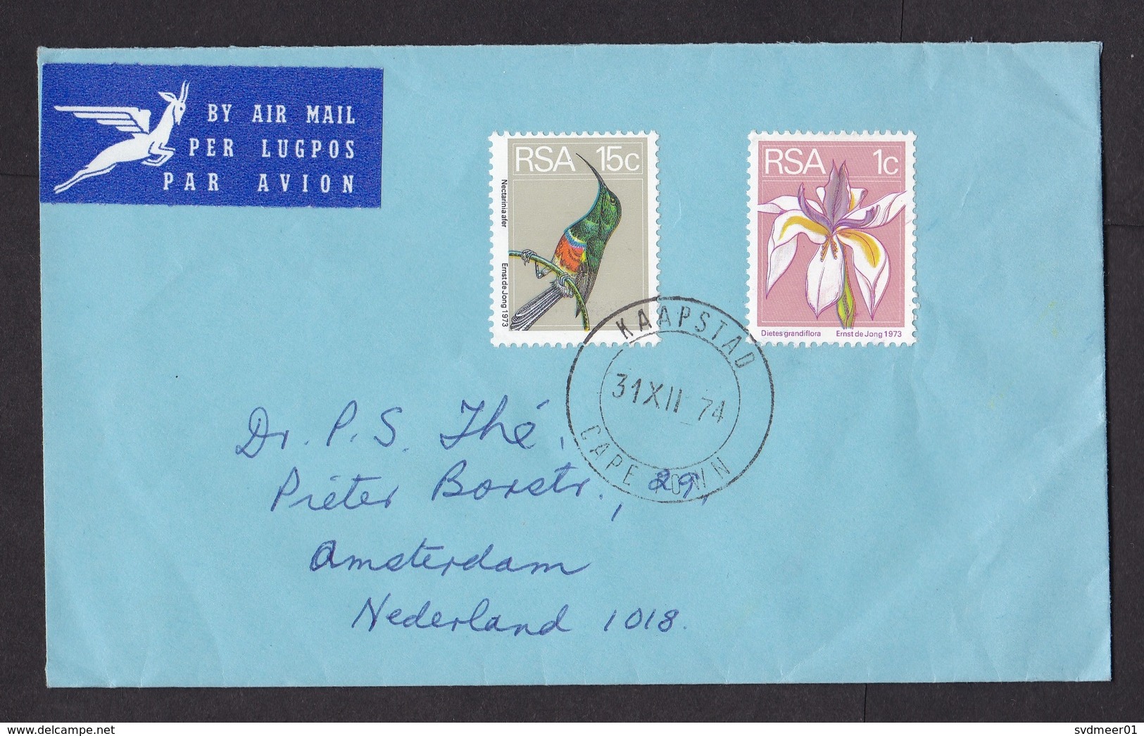 South Africa: Airmail Cover To Netherlands, 1974, 2 Stamps, Orchid Flower, Bird, Air Label (minor Crease) - Brieven En Documenten