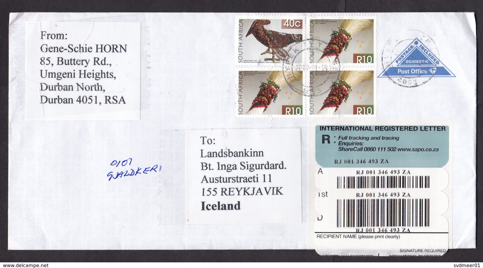 South Africa: Registered Stationery Cover To Iceland, 2014, 4 Extra Stamps, Crafts, R-label (minor Damage) - Brieven En Documenten
