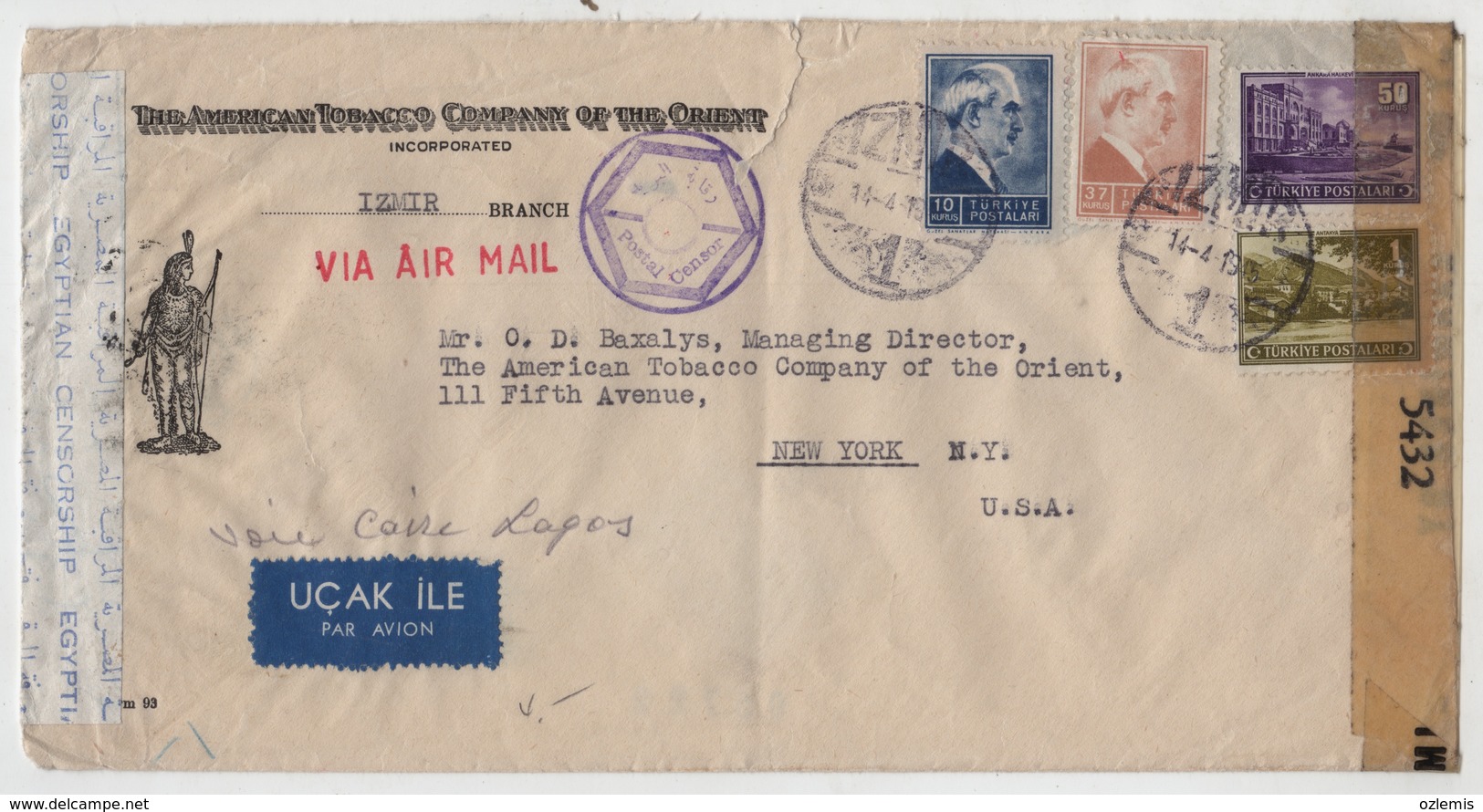 TURKEY TO USA -THE AMERICAN TOBACCO COMPANY OF THE ORIENT INCORPORATED ,EGYPTIAN CENSORSHIP 1945 - Lettres & Documents