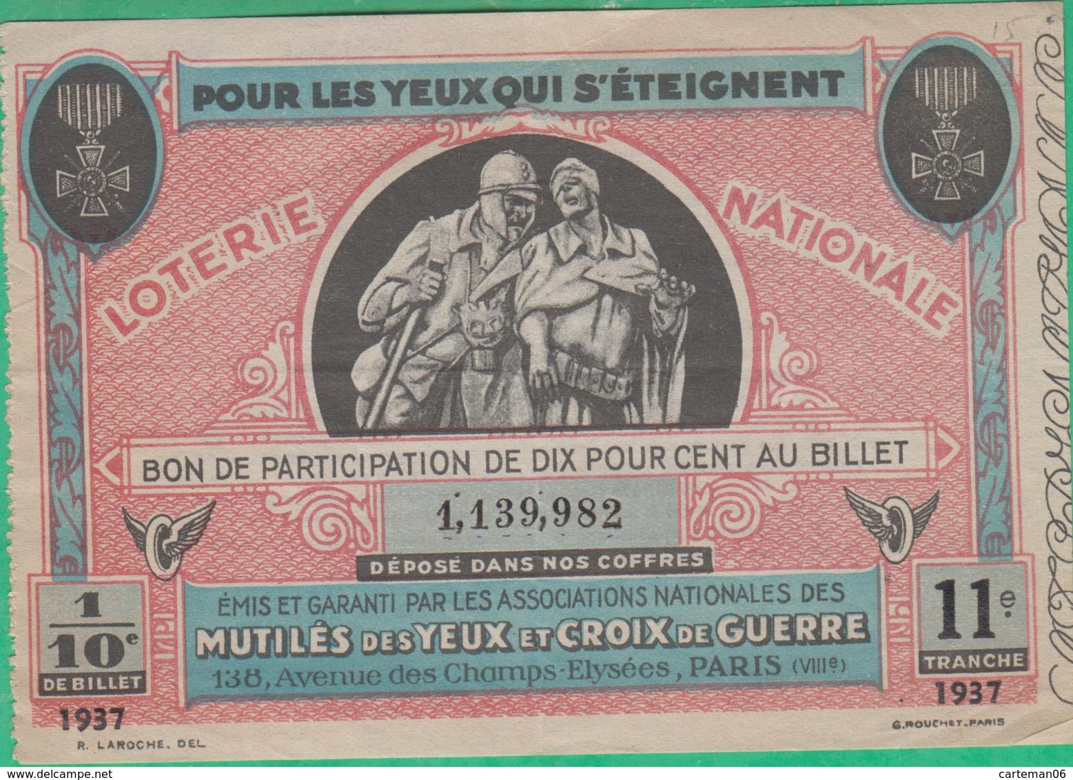 Billet De Loterie Nationale 1937 - Mutilés Des Yeux Et Croix De Guerre à Paris - Billets De Loterie