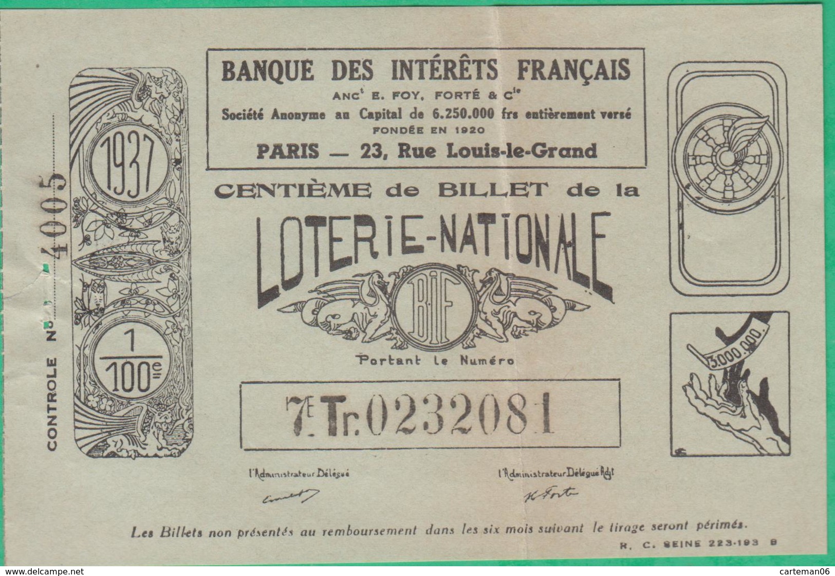 Billet De Loterie Nationale 1937 - Banque Des Intérêts Français à Paris - RIF - Billets De Loterie