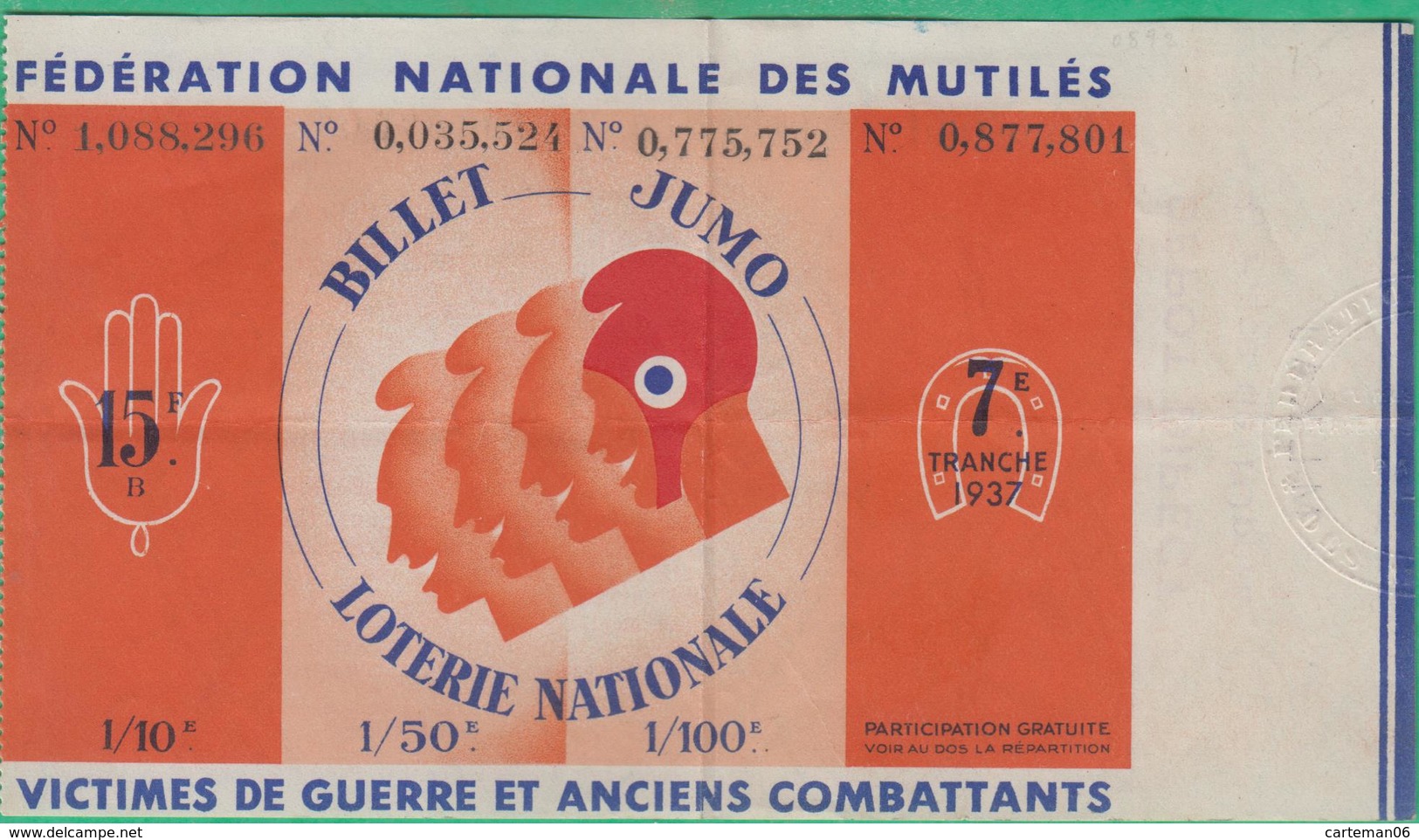 Billet De Loterie Nationale 1937 - Fédération Nationale Des Mutilés - Jumo - Victimes De Guerre Et Anciens Combattants - Billets De Loterie