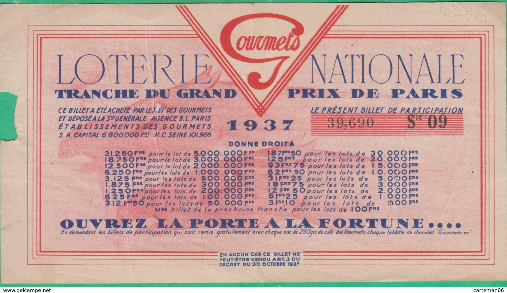 Billet De Loterie Nationale 1937 - Grand Prix De Paris - Gourmets - Billets De Loterie