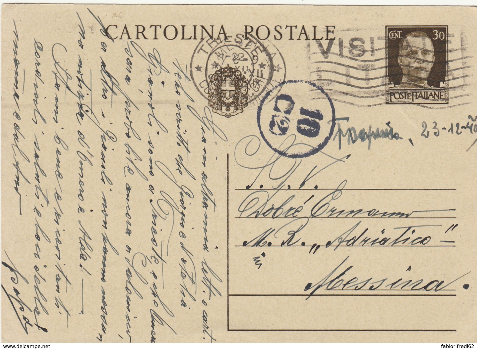 INTERO POSTALE 1940 CENT.30 TIMBRO TRIESTE VISITATE LITALIA (LY166 - Stamped Stationery