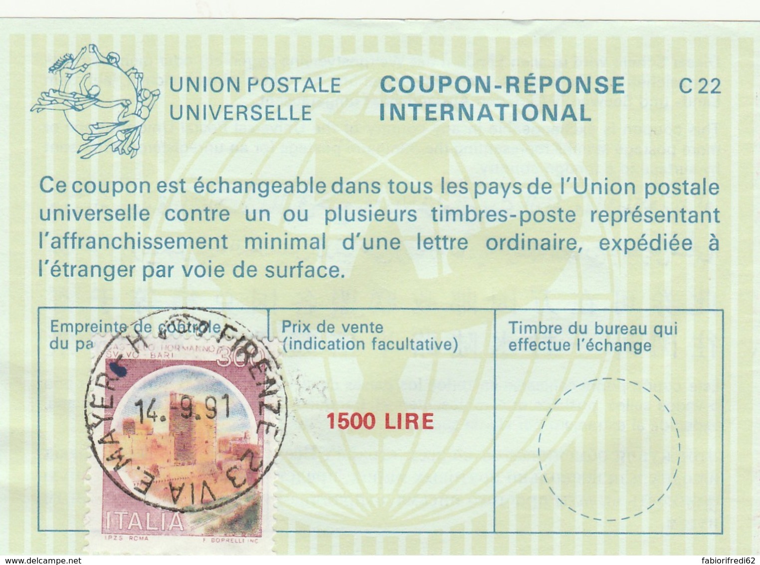 COUPON-REPONSE INTERNATIONAL 1991 ITALIA FIRENZE L.1500 (LY443 - Altri & Non Classificati