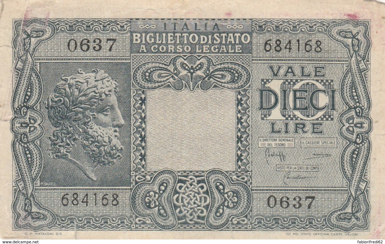 BIGLIETTO DI STATO 10 LIRE 1944 ITALIA VF (LY586 - Italia – 10 Lire