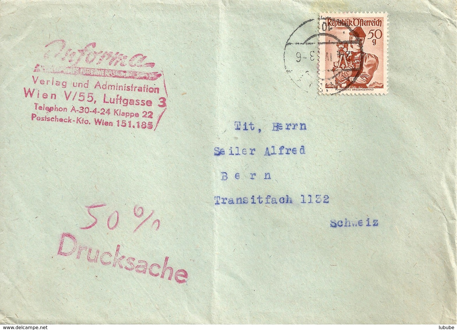 50% Drucksache  "Inforama, Verlag, Wien"          1953 - Storia Postale