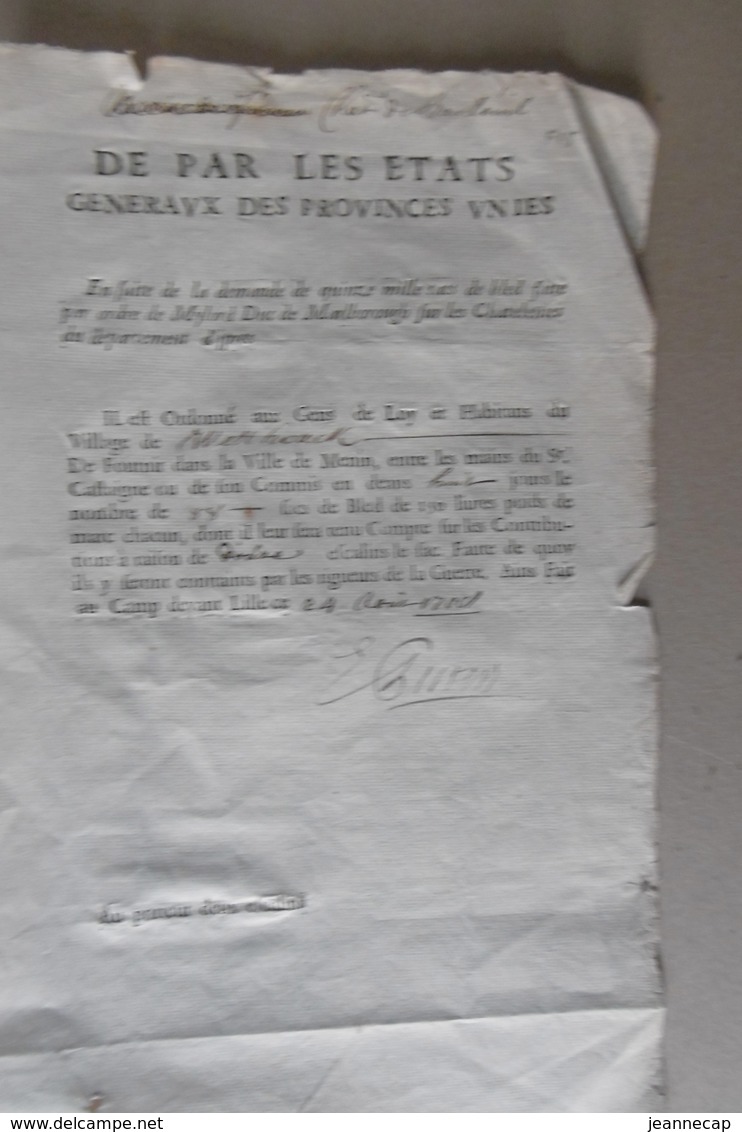 Chatelenie BAILLEUL, 24 Aout 1708, Trois Documents Livraison De Bled à Menin, "Oosthouck", "Westhouck", "Zuythouck" - Historische Documenten