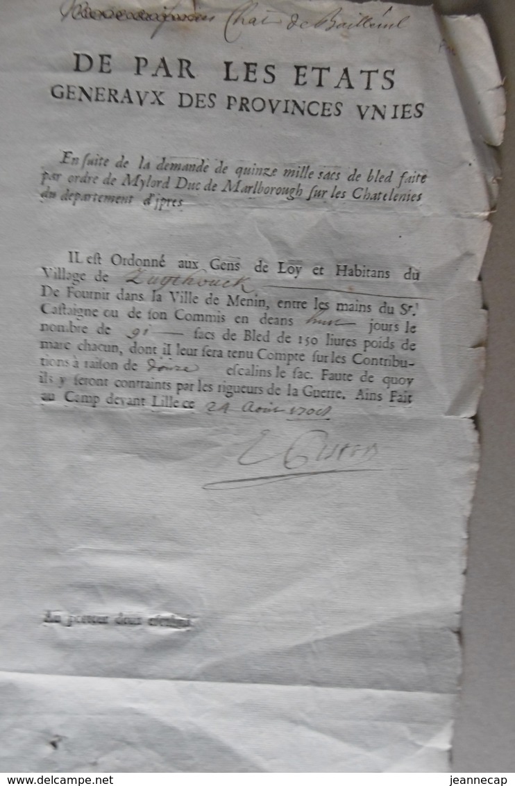 Chatelenie BAILLEUL, 24 Aout 1708, Trois Documents Livraison De Bled à Menin, "Oosthouck", "Westhouck", "Zuythouck" - Documents Historiques