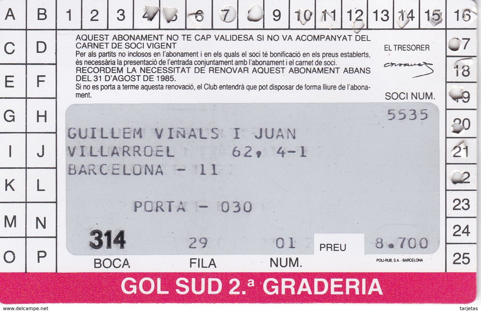 CARNET DE SOCIO DEL FUTBOL CLUB BARCELONA DEL AÑO 1984-85 GOL SUD 2ª GRADERIA (BARÇA) - Otros & Sin Clasificación