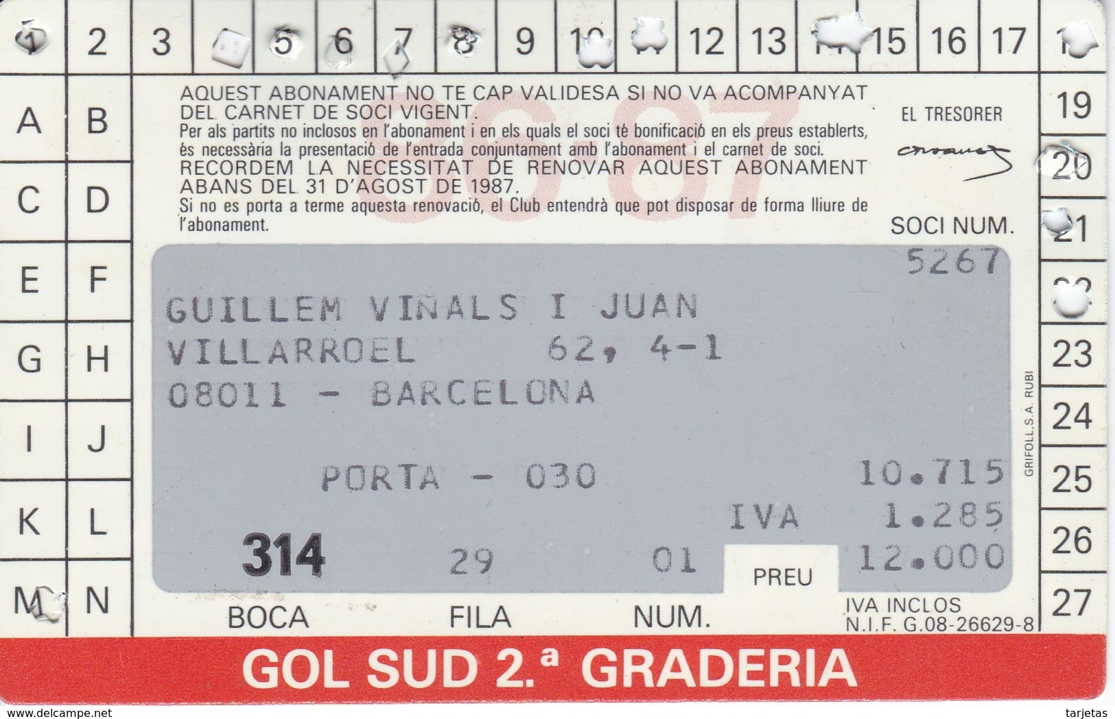 CARNET DE SOCIO DEL FUTBOL CLUB BARCELONA DEL AÑO 1986-87 GOL SUD 2ª GRADERIA (BARÇA) - Otros & Sin Clasificación