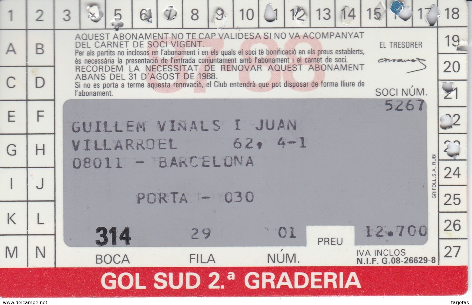 CARNET DE SOCIO DEL FUTBOL CLUB BARCELONA DEL AÑO 1987-88 GOL SUD 2ª GRADERIA (BARÇA) - Otros & Sin Clasificación