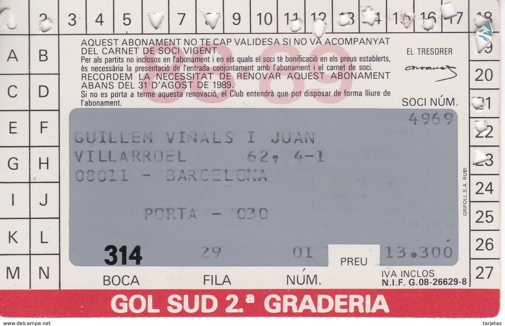 CARNET DE SOCIO DEL FUTBOL CLUB BARCELONA DEL AÑO 1988-89 GOL SUD 2ª GRADERIA (BARÇA) - Otros & Sin Clasificación