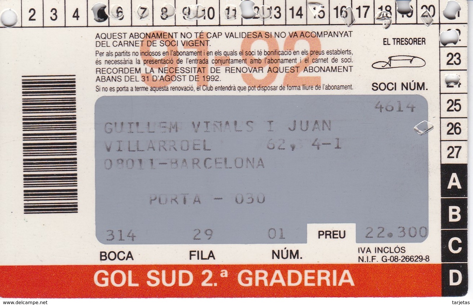 CARNET DE SOCIO DEL FUTBOL CLUB BARCELONA DEL AÑO 1991-92 GOL SUD 2ª GRADERIA (BARÇA) - Otros & Sin Clasificación