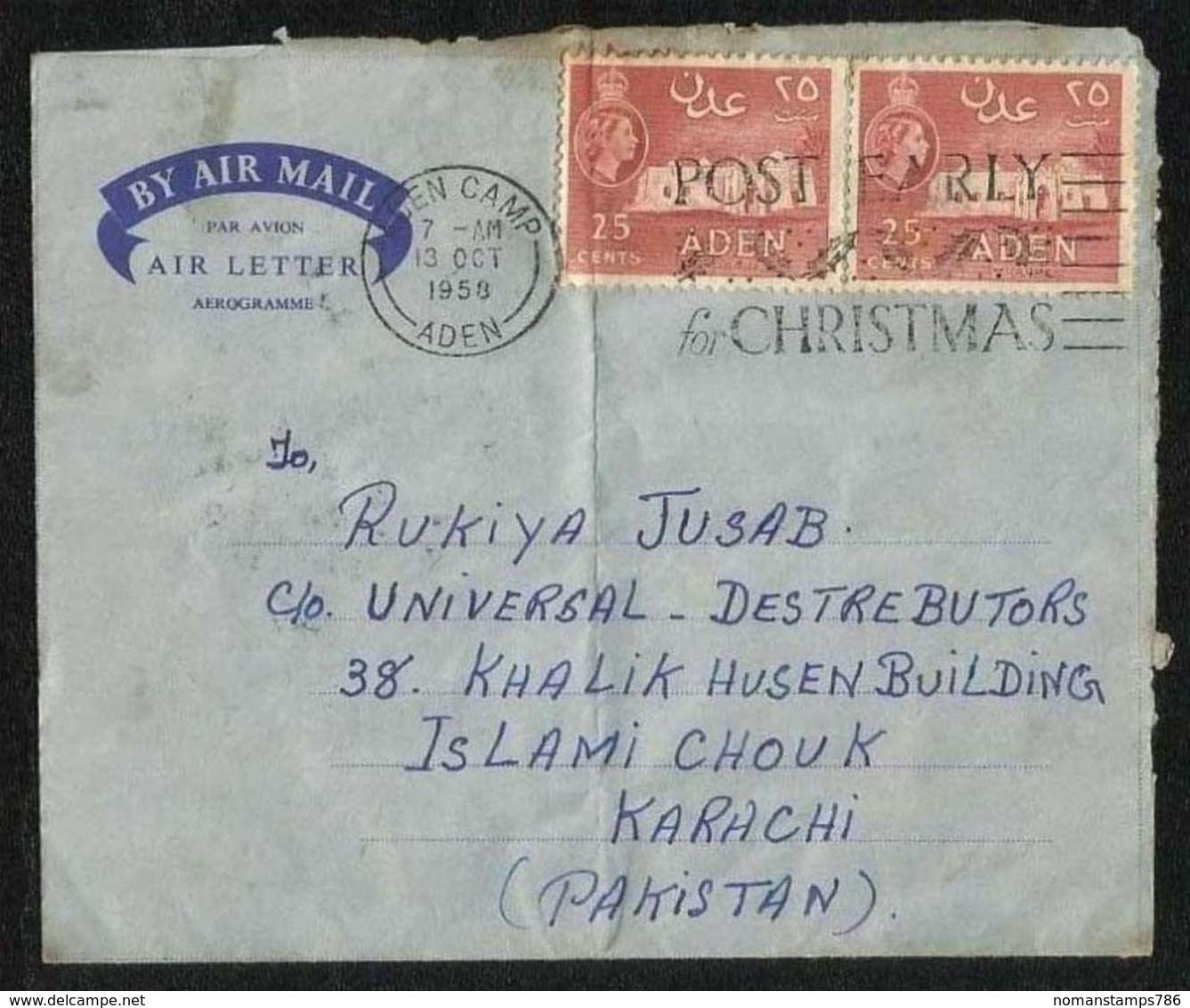 Aden 1958 Air Mail Postal Used Aerogramme Christmas Slogan Postmark Aden To Pakistan - Aden (1854-1963)