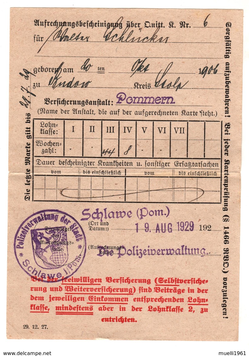 9630, Aufrechnungsbescheinigung, Schlawe, Slawno, Pommern, 1929 - Documents Historiques