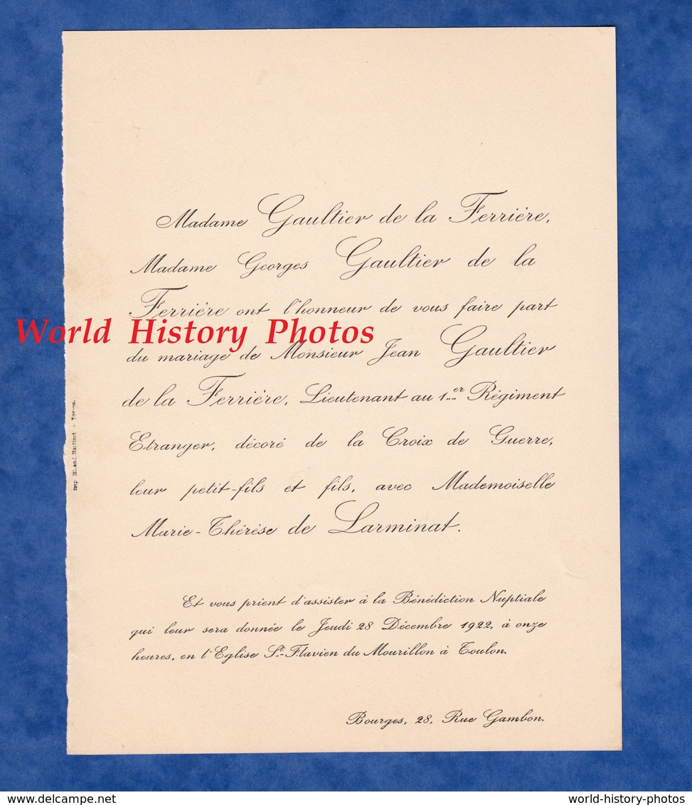 Document De 1922 - BOURGES - Mariage Jean GAULTIER De La FERRIERE Lt Au 1er Régiment Etranger & Marie Thérèse LARMINAT - Annunci Di Nozze