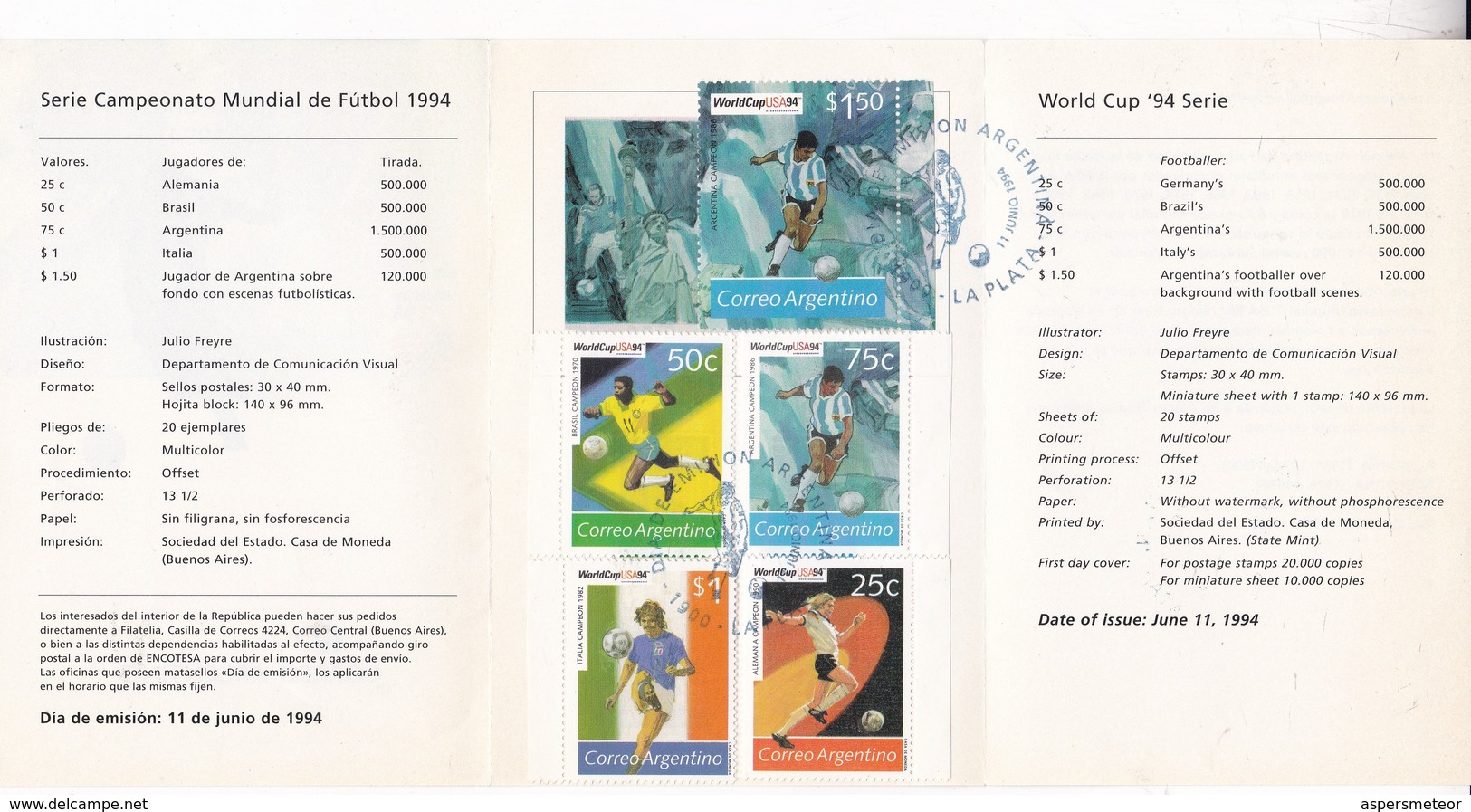 WORLD CUP USA-FDC 1994 LA PLATA, L'ARGENTINE, 5 STAMPS AVEC BORD DU PLAQUE- BLEUP - 1994 – USA