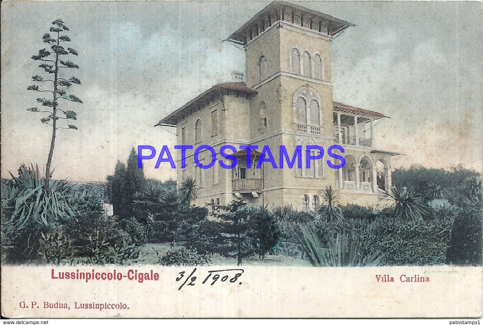 105373 CROATIA LUSSINPICCOLO CIGALE VILLA CARLINA BUILDING SPOTTED CIRCULATED TO URUGUAY POSTAL POSTCARD - Croatia