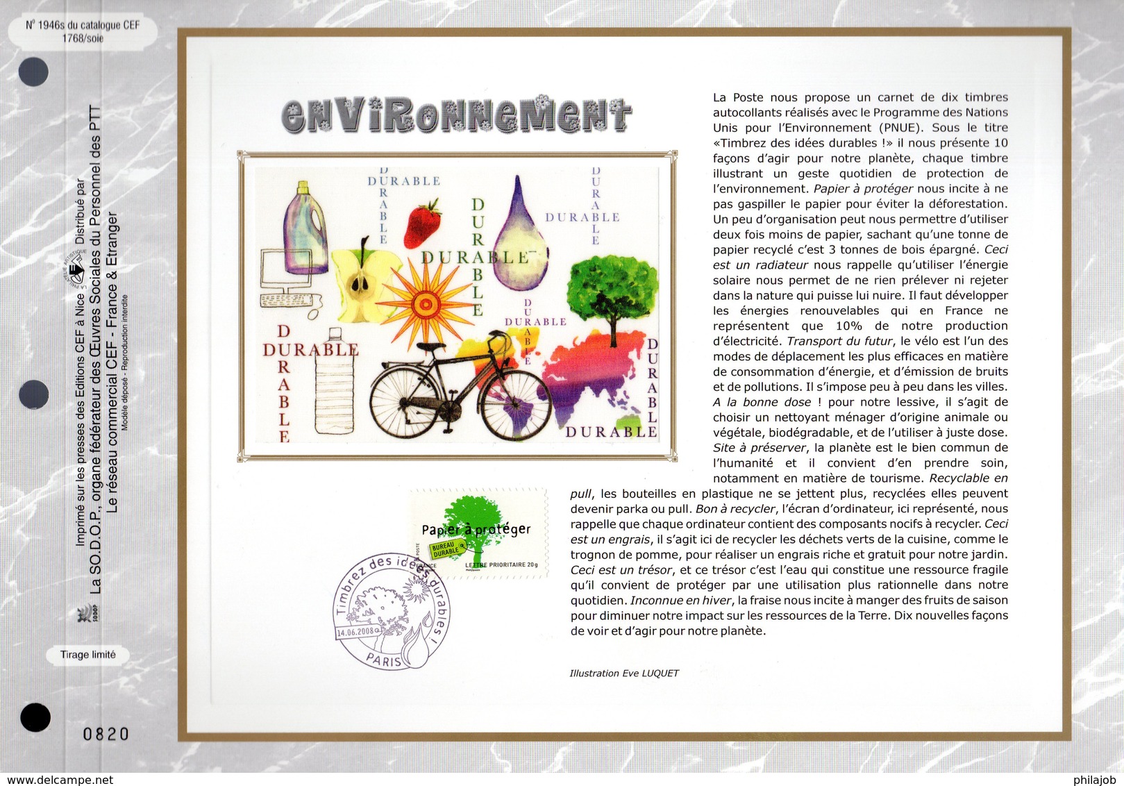 " ENVIRONNEMENT " Sur Feuillet CEF N°té En SOIE De 2008. N° 1946s. N° YT ADH 183. Parfait état FDC - Andere & Zonder Classificatie