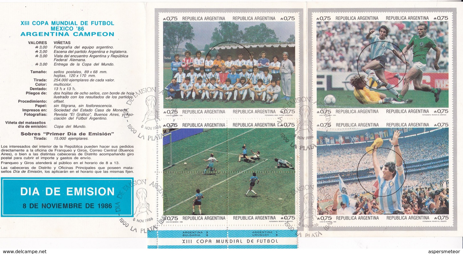 XIII COPA MUNDIAL FUTBOL MEXICO CAMPEON ARGENTINA-FDC 1986 LA PLATA, L'ARGENTINE, STAMPS BLOCK- BLEUP - 1986 – México