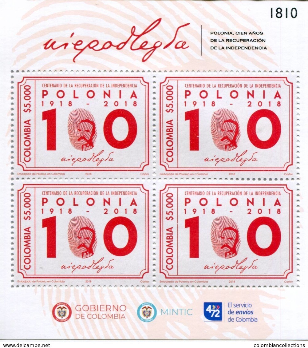 Lote 2018-22P, Colombia, 2018, Pliego, Sheet, Centenario De La Recuperación De La Independencia De Polonia, Polska - Colombia