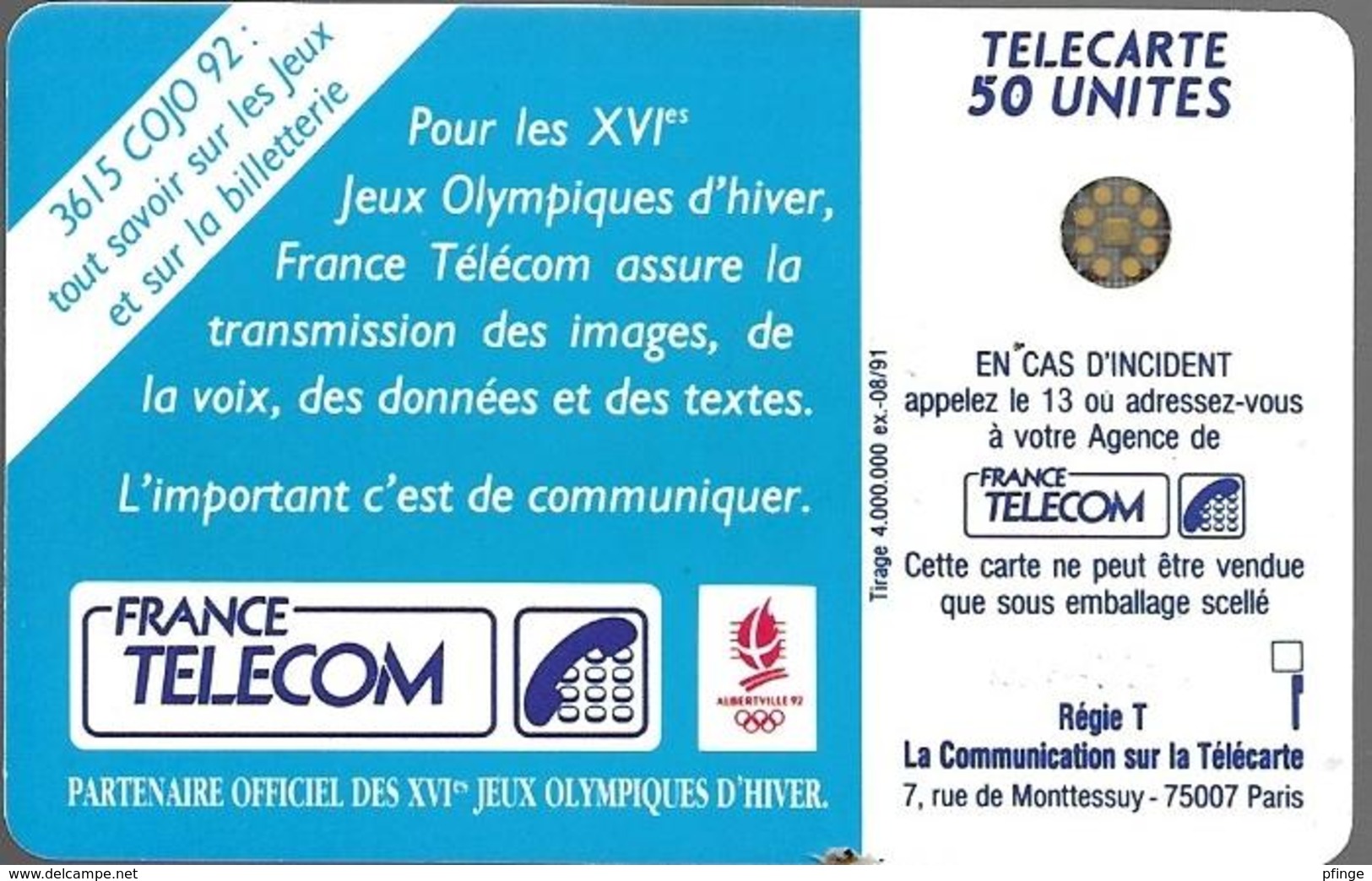 Telecarte 50 - XVIèmes Jeux Olympiques D'hiver, 1992 - Sport