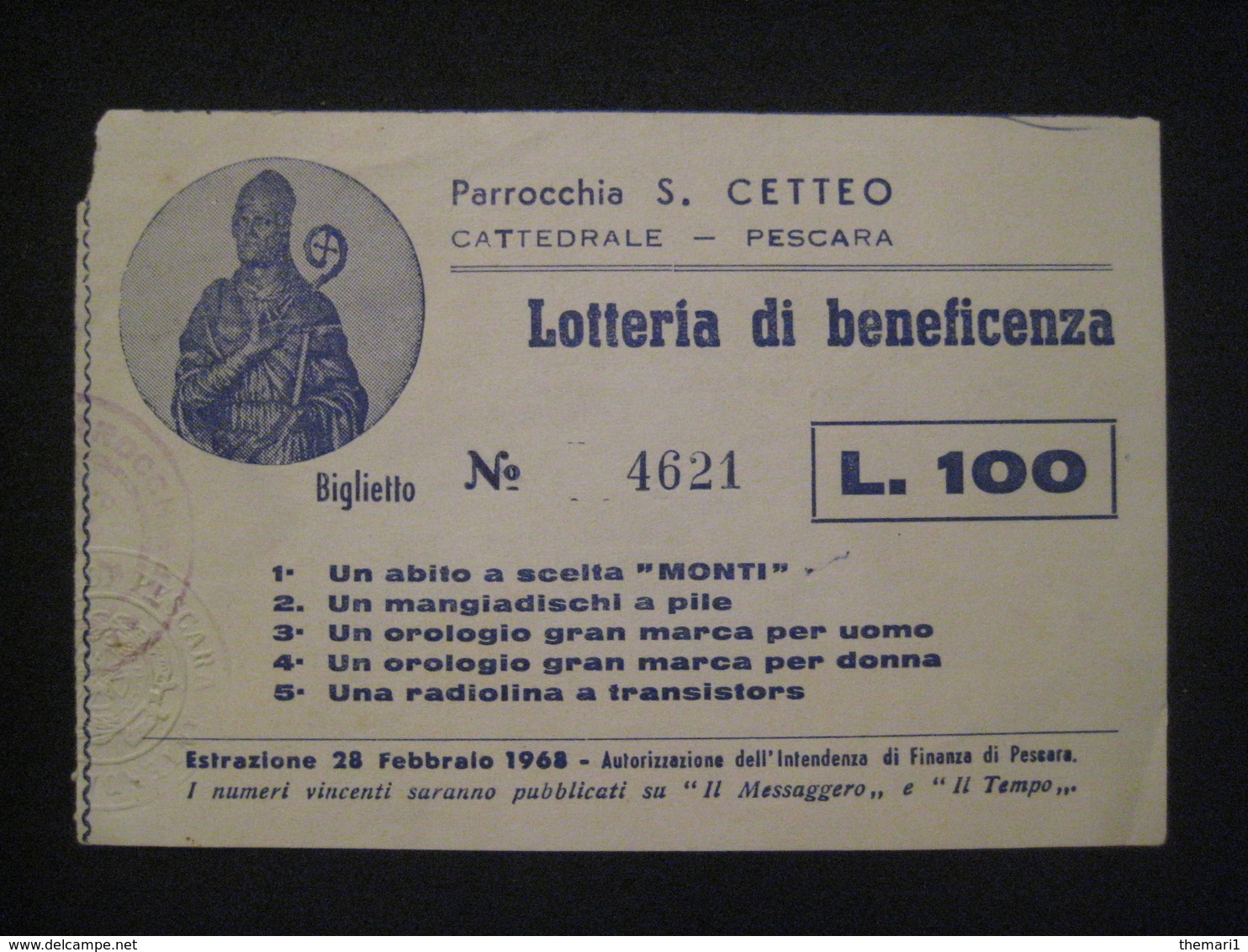 ANNO 1968 S. CETTEO PESCARA CATTEDRALE LOTTERIA BENEFICIENZA TICKET BILLET - Biglietti Della Lotteria