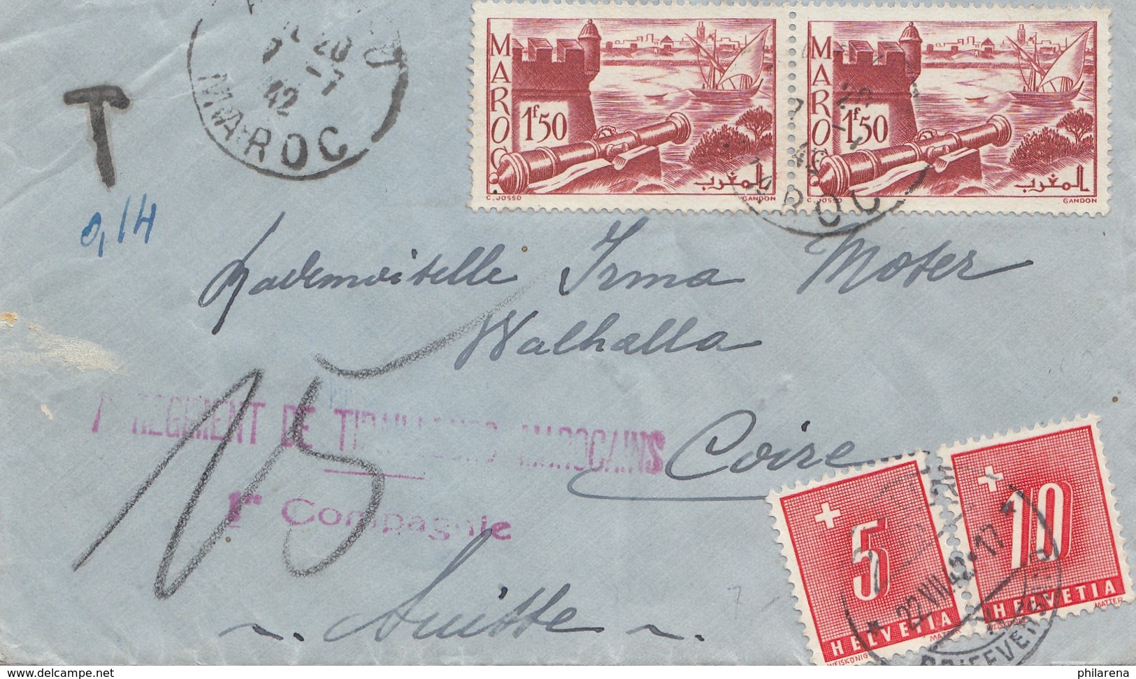 Maroc 1942: Letter To Switzerland, Tax - Marokko (1956-...)