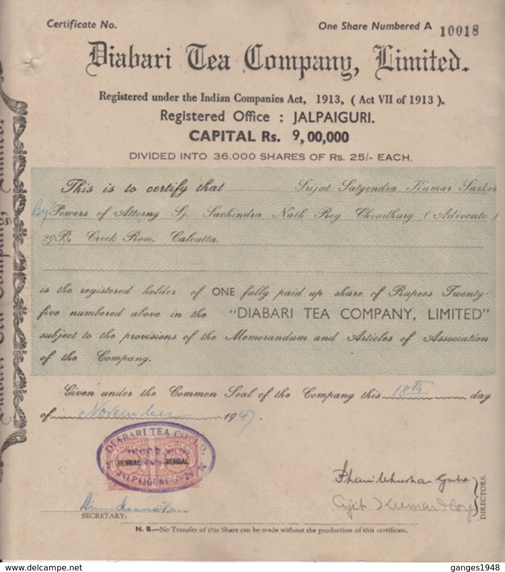 India  1947  Share Certifiate  Diabari Tea Company Ltd.  Jalpaiguri Assam   # 114784  D  Inde Indien - Industrial