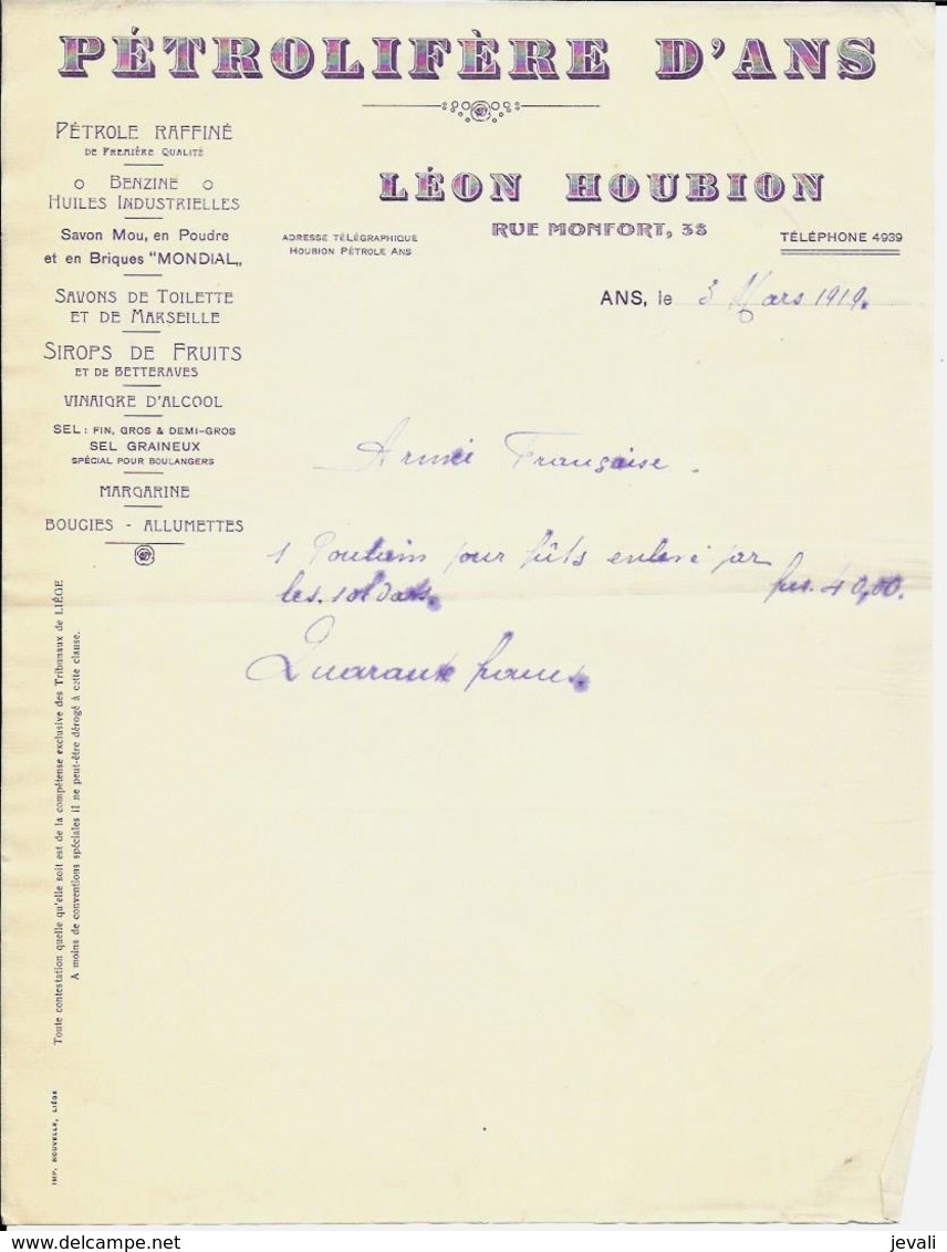 ANS -  PÉTROLIFÈRE  D ' ANS  ( Pétrol , Benzine , Savons , Sirop , ... )  1919 - Sonstige & Ohne Zuordnung