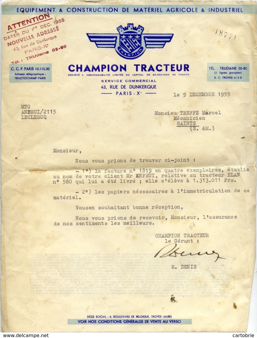 CHAMPION TRACTEUR - Service Commercial, Rue De Dunkerque PARIS Xè - Lettre De 1955 - Trattori