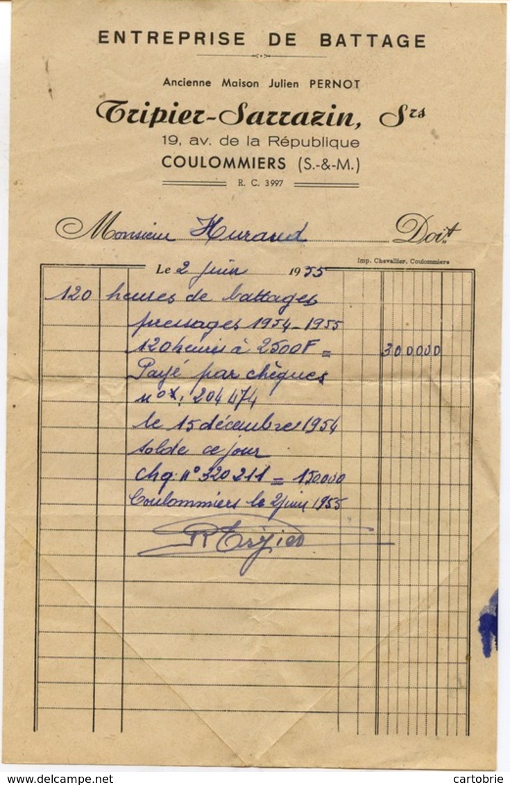 77 COULOMMIERS - Entreprise De Battage TRIPIER-SARRAZIN (anc. Julien PERNOT), 19 Av. De La République - Facture De 1955 - Coulommiers