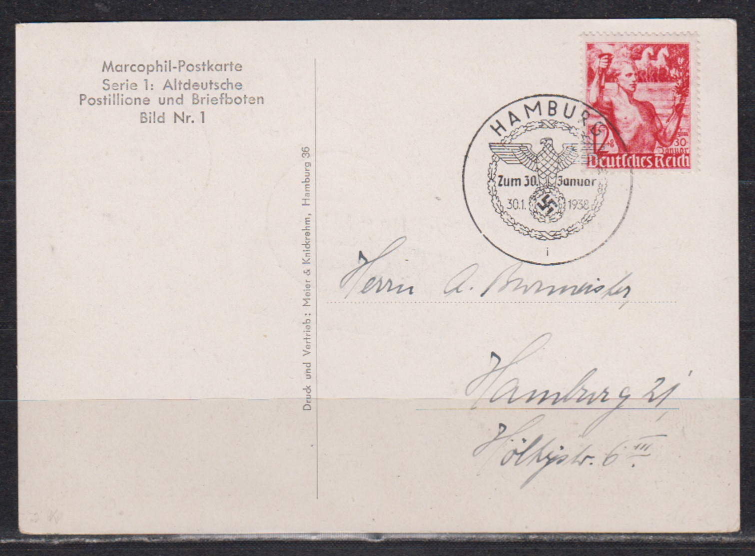 Dt.Reich Marcophil-Postkarte Serie 1: Altdeutsche Postillione Und Briefboten" Bild Nr1 Mit SSt Hamburg 1938 Auf 661 - Storia Postale