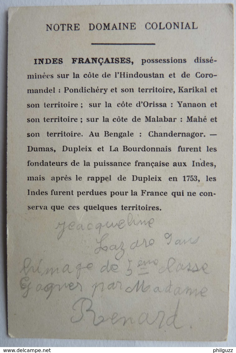 CHROMO EDUCATIF NOTRE DOMAINE COLONIAL  - LES INDES FRANCAISES (2) - Autres & Non Classés