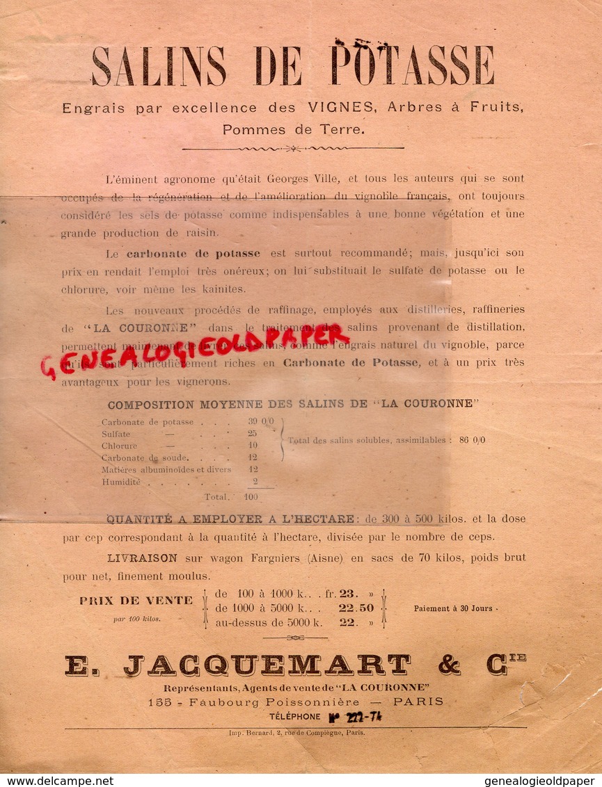 75- PARIS- RARE LETTRE SALINS DE POTASSE ENGRAIS DES VIGNES- E. JACQUEMART " LA COURONNE " 155 FG POISSONNIERE - Landwirtschaft