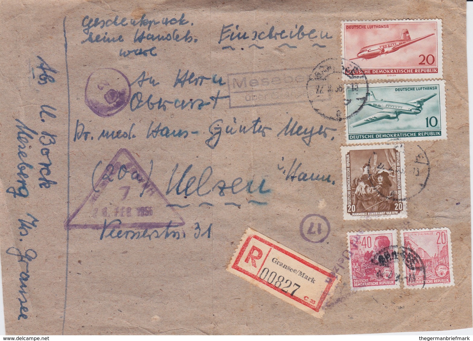 DDR Div RPnAdr Landpost Meseberg ü Gransee Zensur 1956 - Briefe U. Dokumente