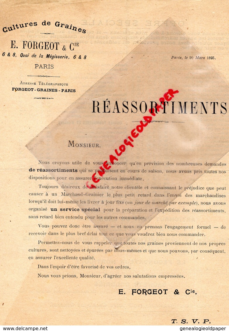 75- PARIS-RARE LETTRE REASSORTIMENTS GRAINES- 1895-E. FORGEOT-HORTICULTURE HORTICULTEUR- 6 QUAI MEGISSERIE- - 1800 – 1899