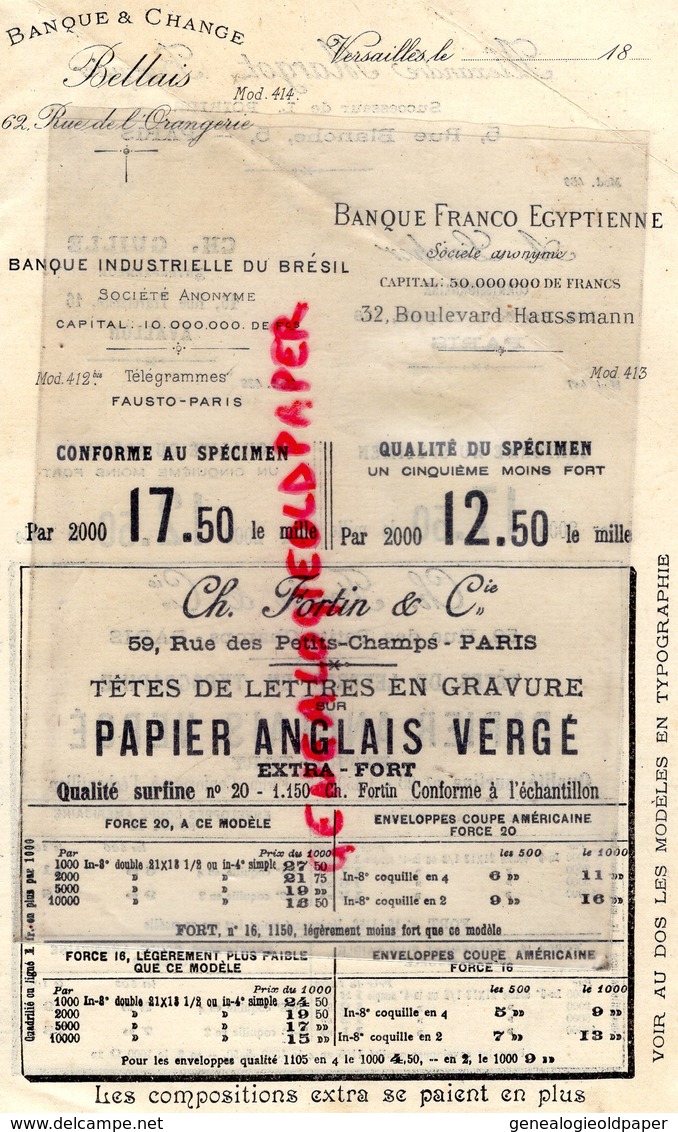 78- VERSAILLES- RARE BANQUE CHANGE BELLAIS-62 RUE ORANGERIE-BANQUE FRANCO EGYPTIENNE-PARIS-ALEXANDRE MARGOT BANQUIER - Bank En Verzekering