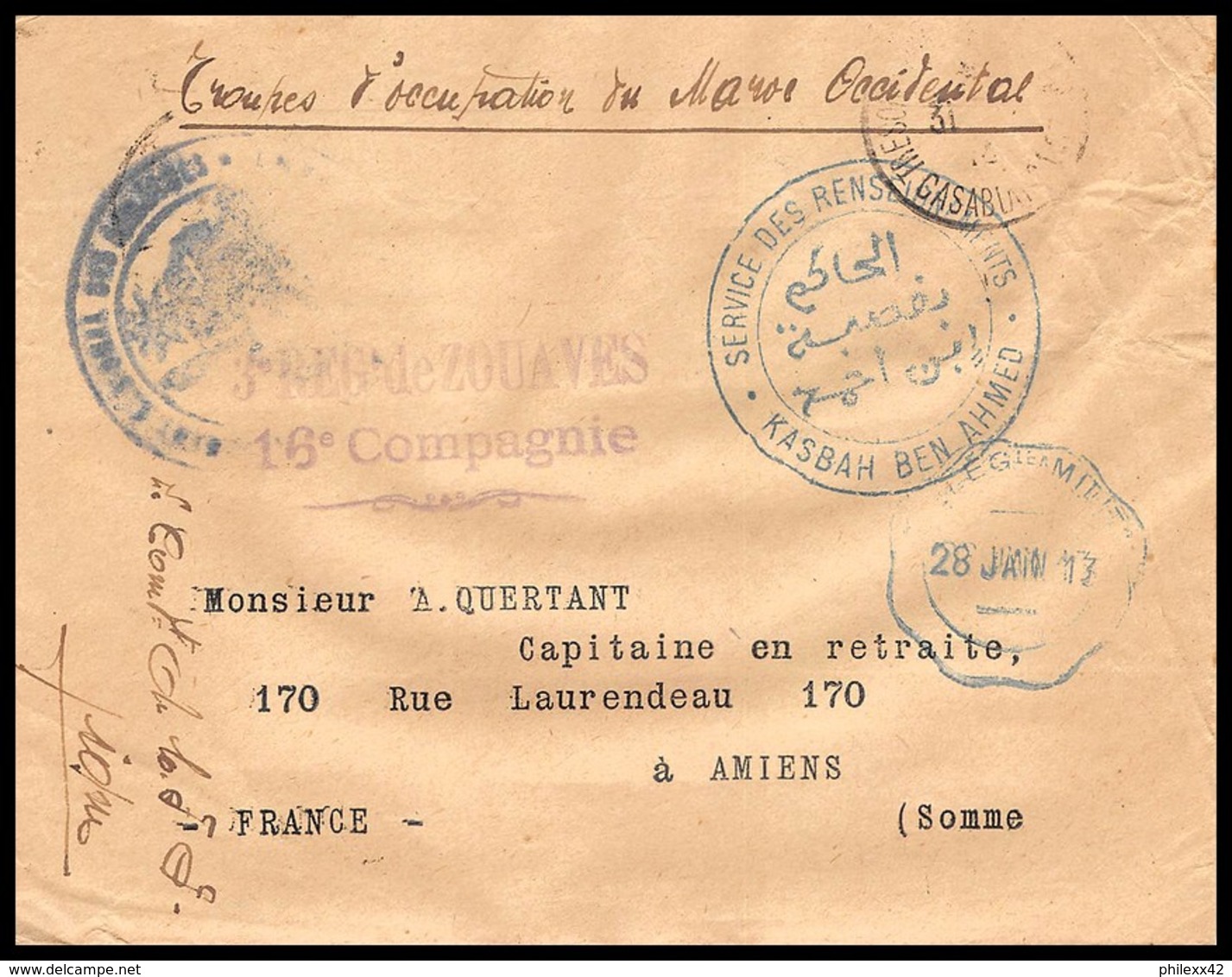 3749 Lettre Cover France Guerre Maroc War 2ème Zouaves 3ème Cie 1913 Casbah Ben Ahmed - Military Postmarks From 1900 (out Of Wars Periods)