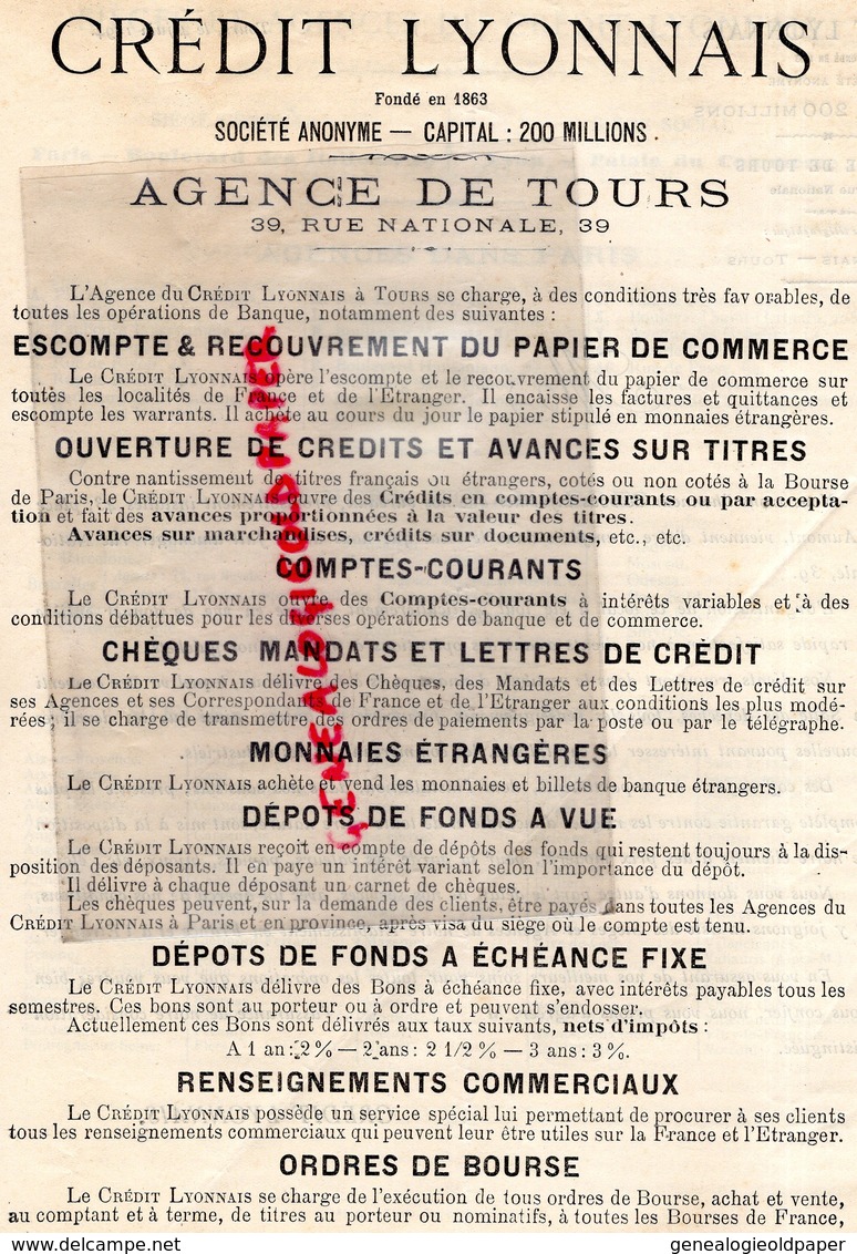 37- TOURS- RARE DOUBLE LETTRE CREDIT LYONNAIS 39 RUE NATIONALE- BANQUE 1894 - Bank En Verzekering