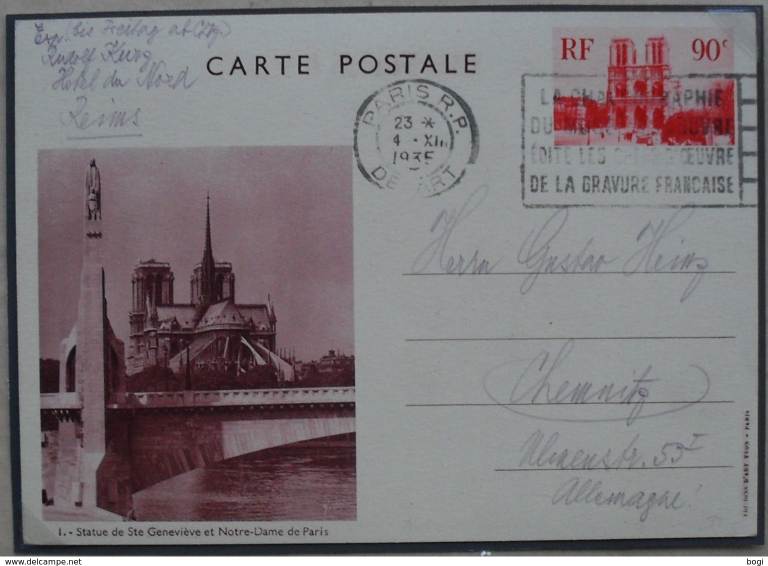 Entier CP 90ct Rouge Notre Dame De Paris Vue 1 Statue Ste Genevieve - Cartes Postales Types Et TSC (avant 1995)